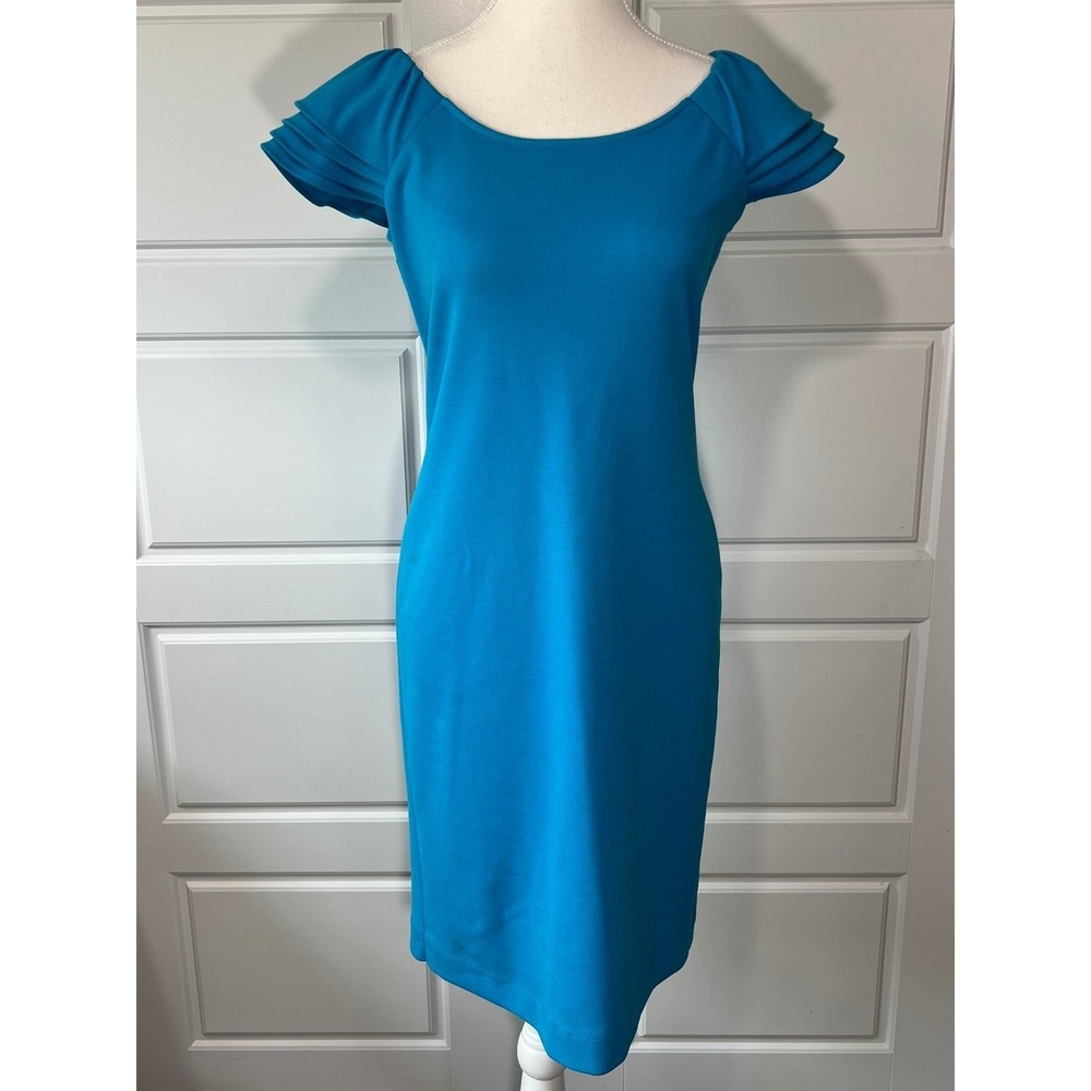 Marvin Richards Teal‎ Blue Sheath Dress Ruffle Cap Sleeves Career Office Size 4